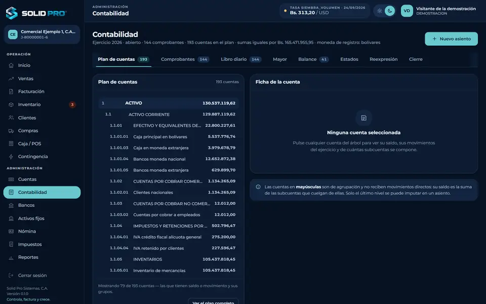 Plan de cuentas y contabilidad del ERP en tema oscuro, con saldos por cuenta.