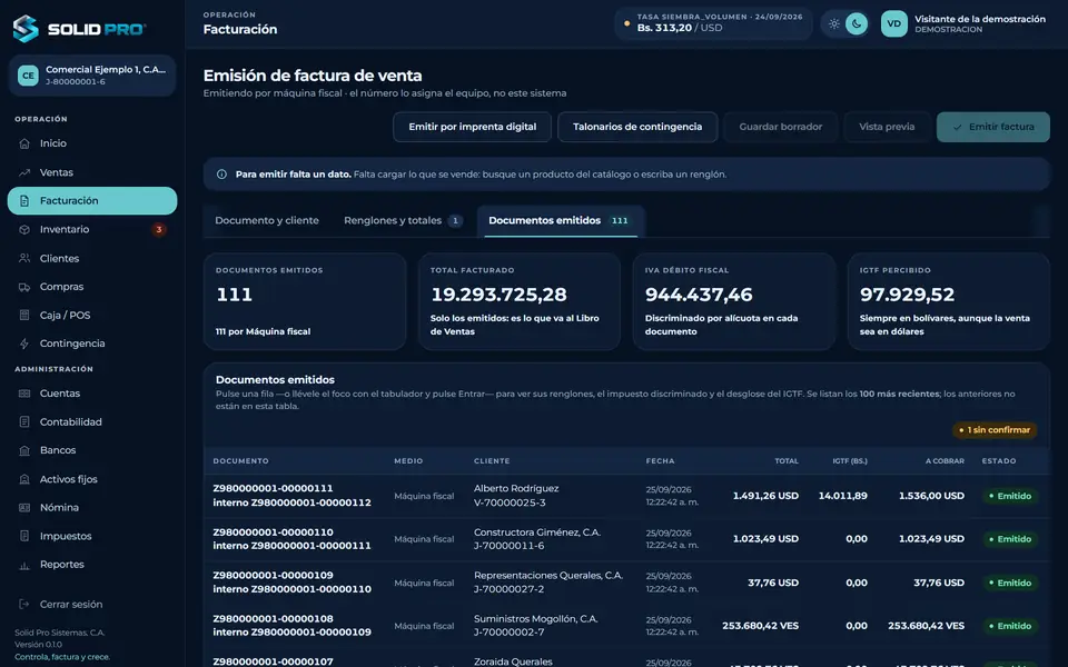 Documentos emitidos del ERP en tema oscuro: total facturado, IVA débito, IGTF y el listado de facturas con su número de control.