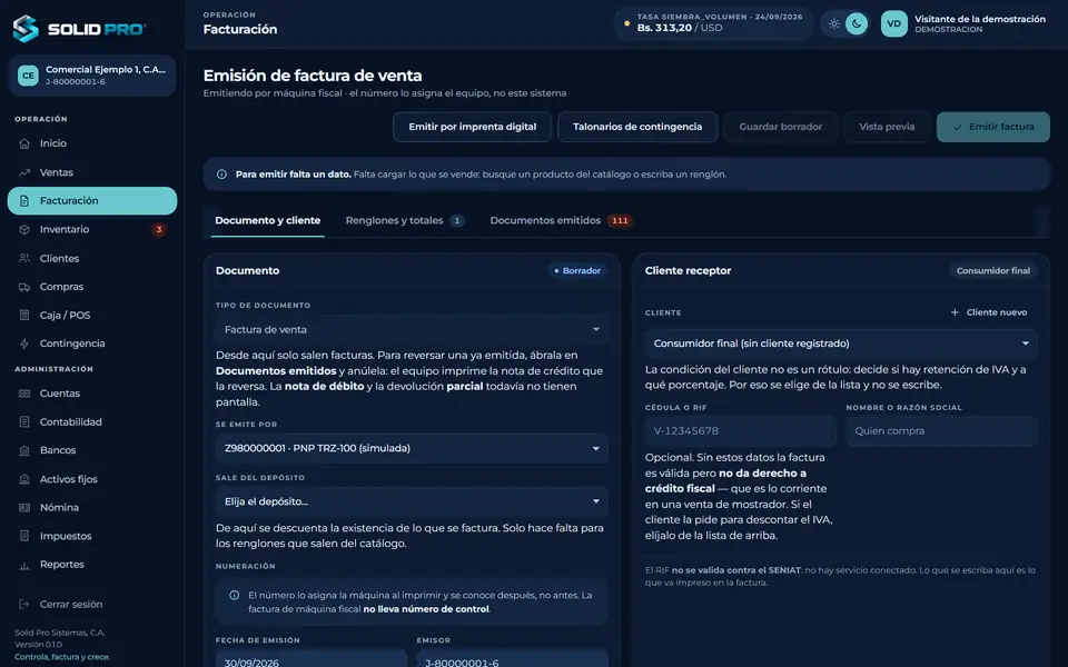 Emisión de factura de venta del ERP en tema oscuro, con las opciones de imprenta digital y talonarios de contingencia.